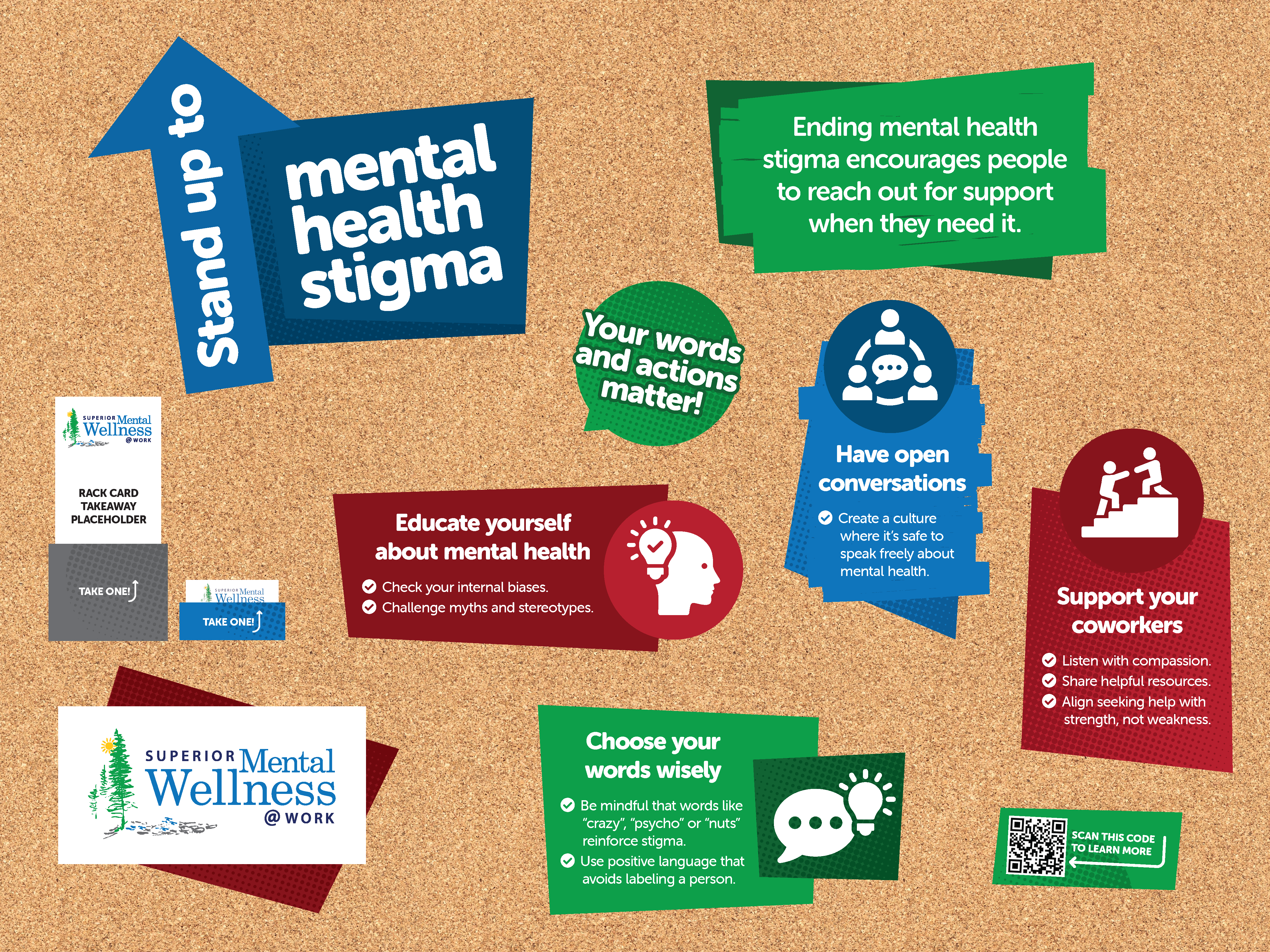 A bulletin board images with different tips to reduce mental health stigma at work