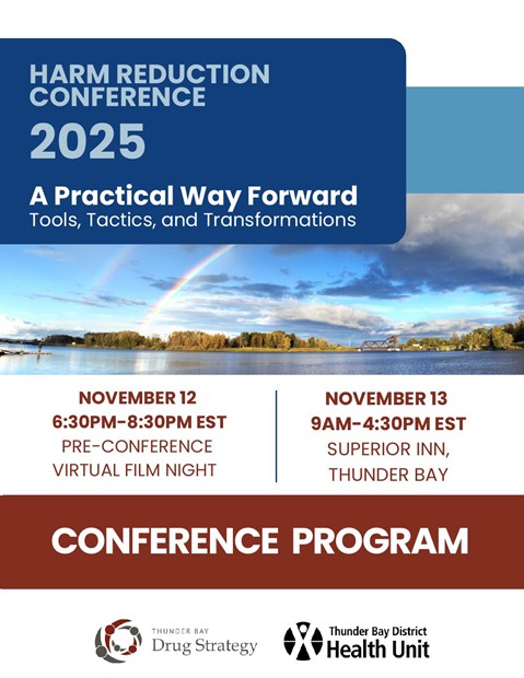 Image of a rainbow by the James St bridge. Text saying Conference Program