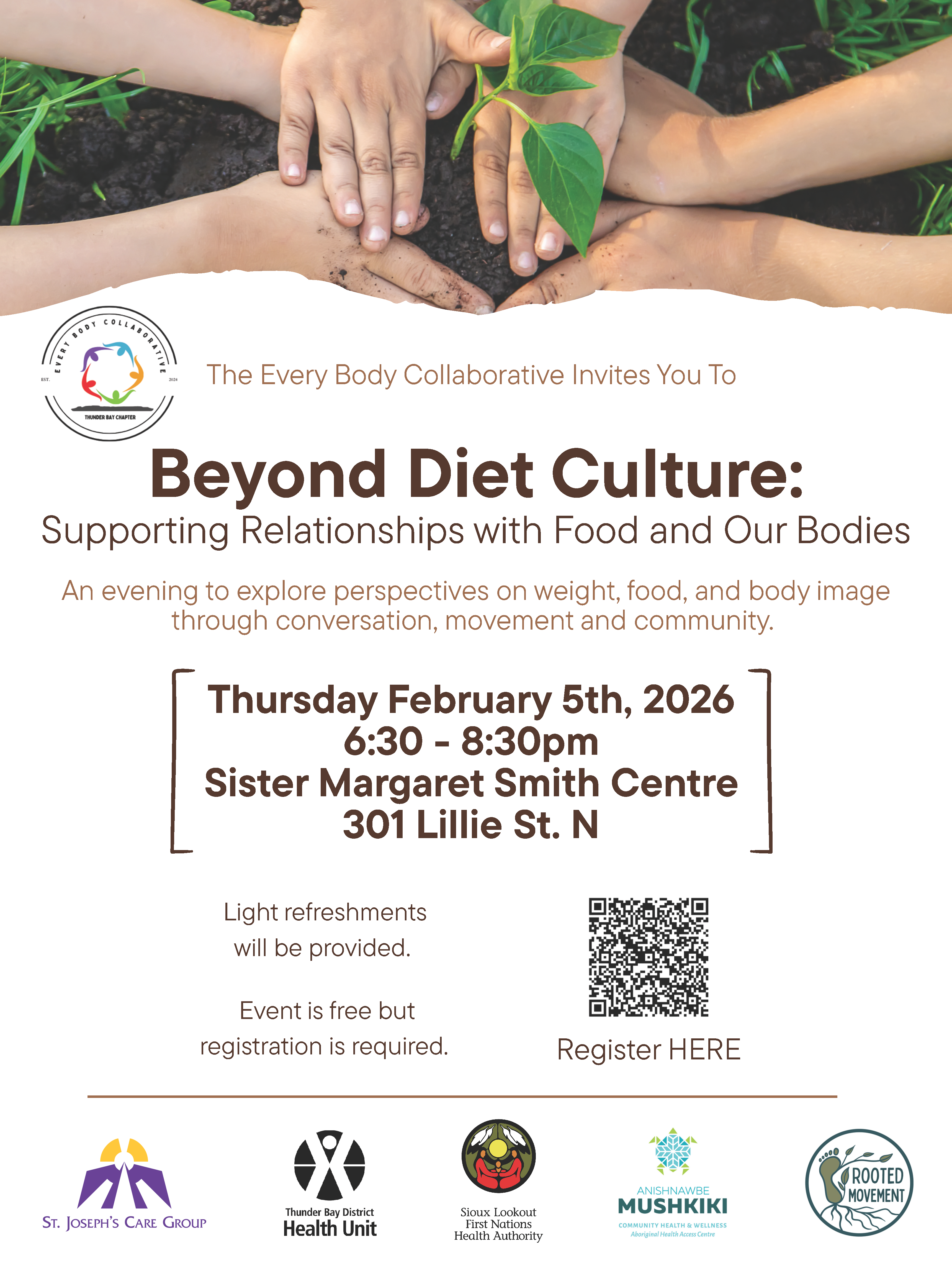 three sets of hands surround a small plant in fresh earth