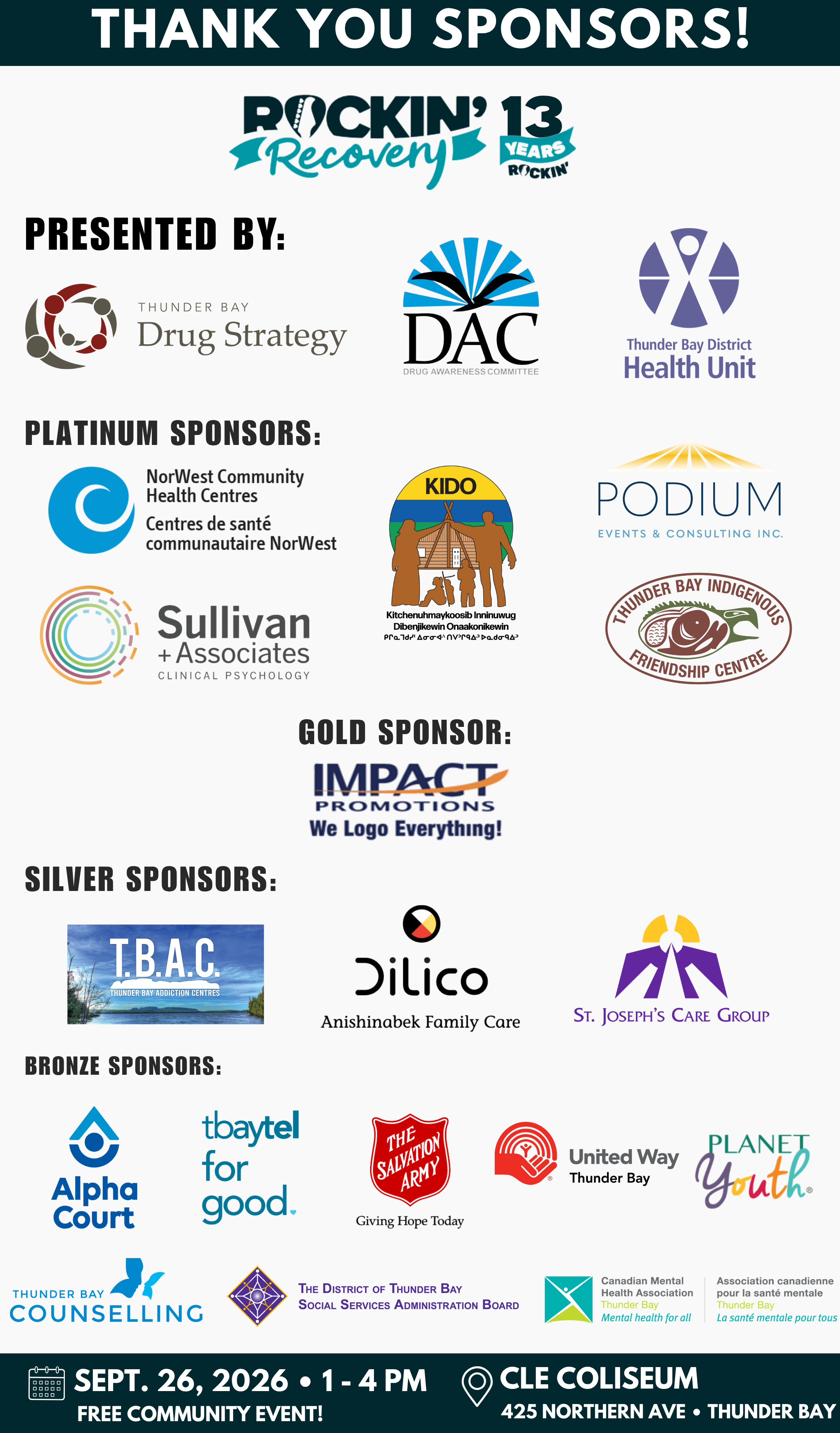A poster with sponsors' logos for Rockin' Recovery