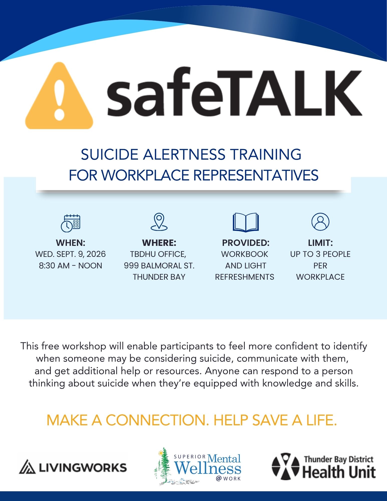 a poster with registration information for safetalk workshop
