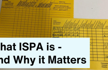 A photo of a yellow vaccination record with overlaid text saying 'What ISPA is - And Why it Matters'