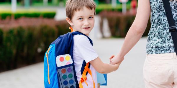 Boy being walked to school